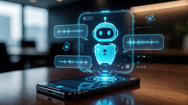Futuristic chatbot interface glows on transparent smartphone screen. Blue artificial intelligence robot avatar interacts through digital voice waves. Smart virtual assistant provides automated
