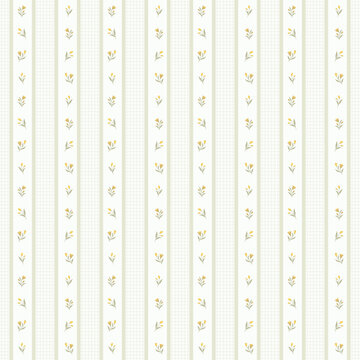 Cute Yellow Floral Seamless Pattern with Vertical Lines and Grid Background for Cottagecore Baby Fabric and Gift Wrapping