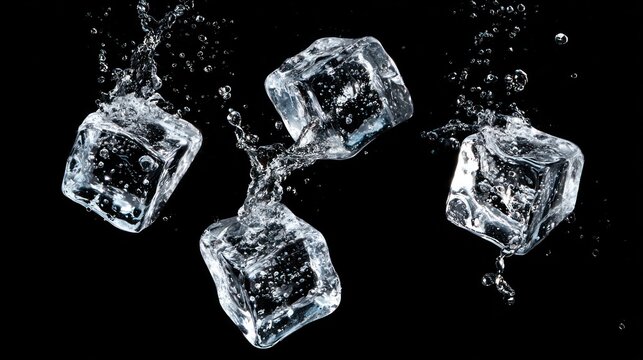 Transparent ice cubes splashing water against dark background