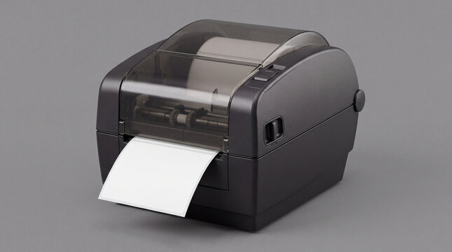 Professional thermal barcode label printer with a blank white sticker roll for logistics.