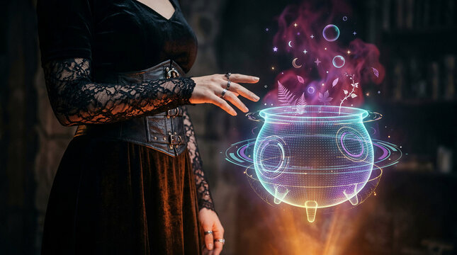 Enchanting witch brews a luminous potion in a futuristic magical cauldron, casting a powerful spell amidst a mystical halloween setting, evoking dark fantasy and ancient mystery