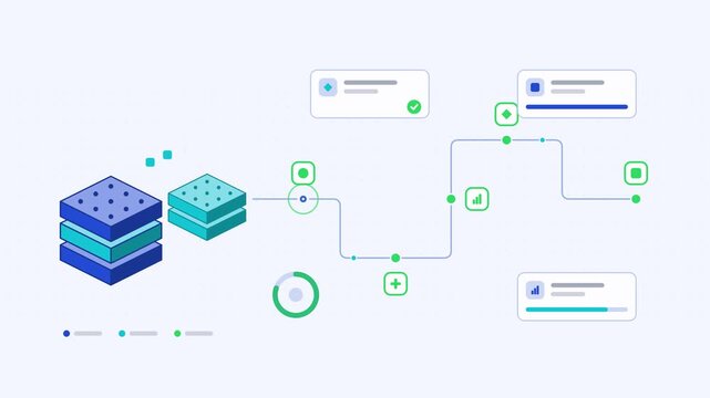 Animated transfer learning knowledge transfer visualised as a process chain in a modern flat vector style. Smooth looping 4K motion graphic with soft blue and azure colours, floating interface cards a