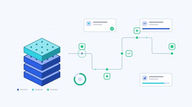 Seamless 4K looping animation showing a fine tuning workflow adapt validate presented as a process flow. Flat vector icons, UI cards and animated connector lines move across a clean light background i