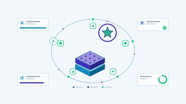 Animated reinforcement feedback loop reward visualised as a loop cycle in a modern flat vector style. Smooth looping 4K motion graphic with soft teal and turquoise colours, floating interface cards an