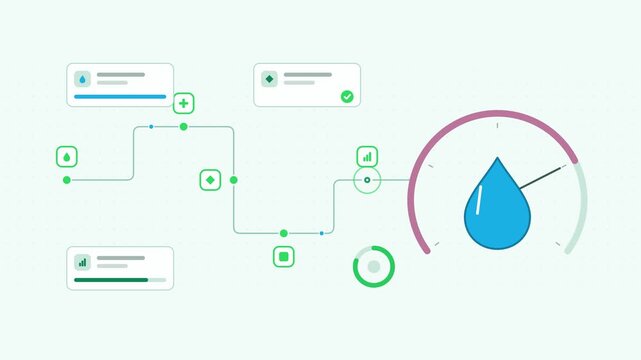 Seamless 4K looping animation showing a ocean acidification ph measurement presented as a process chain. Flat vector icons, UI cards and animated connector lines move across a clean light background i