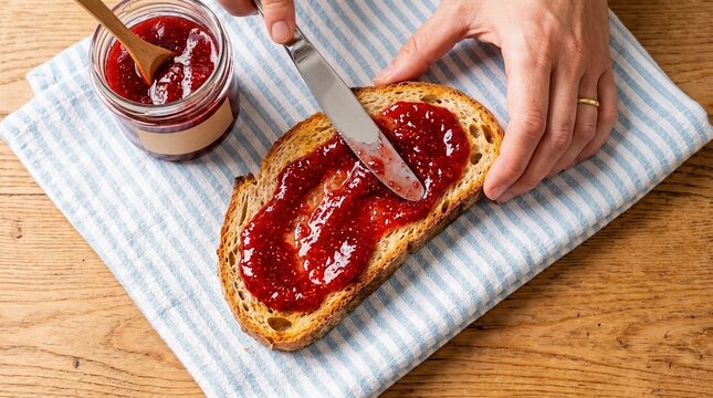 Red jam spread on toasted bread slice with butter knife beside glass jar on striped towel, homemade breakfast concept