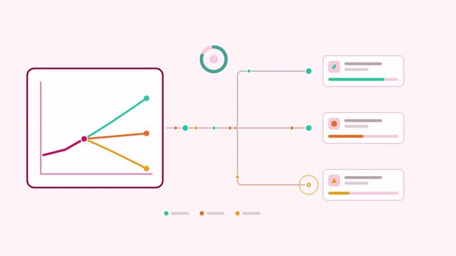 Seamless 4K looping animation showing a transition risk scenario pathway presented as a branching flow. Flat vector icons, UI cards and animated connector lines move across a clean light background in