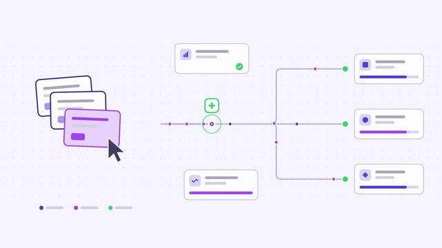 Animated few shot prompting example inputs visualised as a process flow in a modern flat vector style. Smooth looping 4K motion graphic with soft purple and violet colours, floating interface cards an