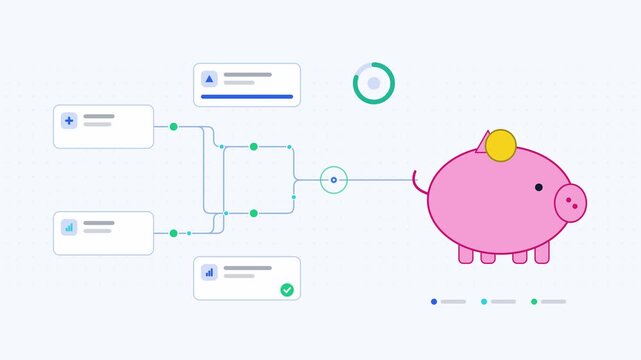 Animated piggy bank coin visualised as a node network in a modern flat vector style. Smooth looping 4K motion graphic with soft purple and violet colours, floating interface cards and flowing dots on 