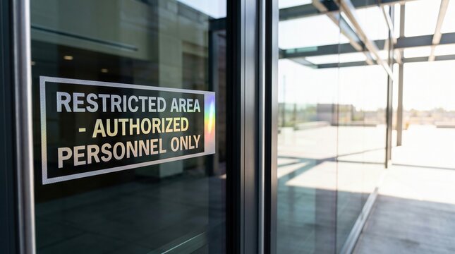 Glass door with holographic sign sticker at modern office entrance, restricted access and security concept