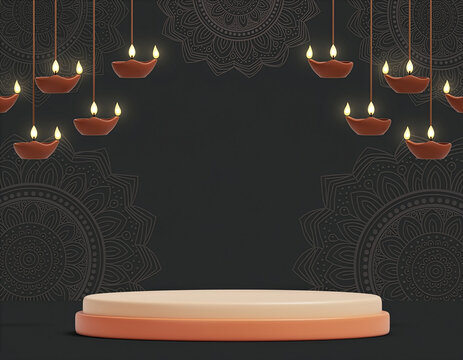 Diwali Diya Stage With Hanging Oil Lamps And Mandala Backdrop On Dark Podium