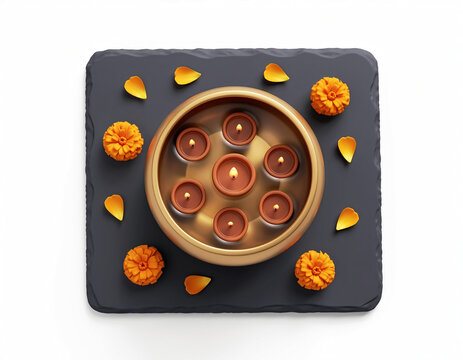 Diwali Diyas and Marigold Flowers in Brass Bowl Top View &ndash; Festival of Lights Decoration