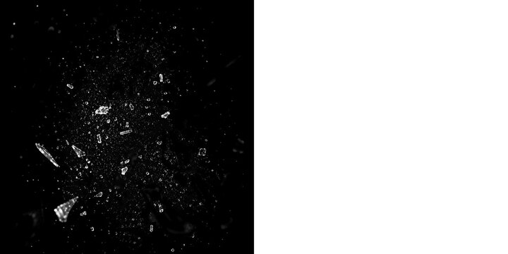 Glass breaking explosion with dense central burst, flying shards and scattered fragments, dramatic high contrast destruction effect on black background for cinematic action overlays