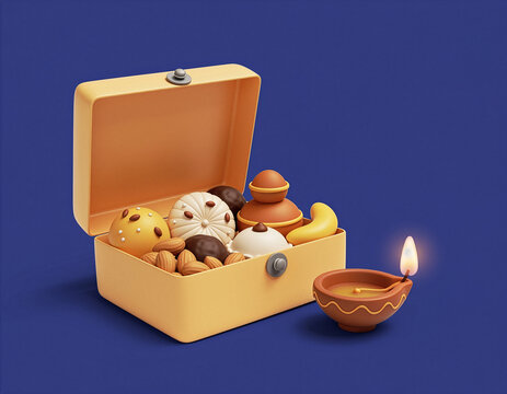 Diwali Sweets Box With Traditional Indian Mithai and Lit Diya Lamp for Festival Celebration