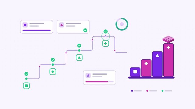 Animated curriculum training difficulty visualised as a stage sequence in a modern flat vector style. Smooth looping 4K motion graphic with soft purple and violet colours, floating interface cards and