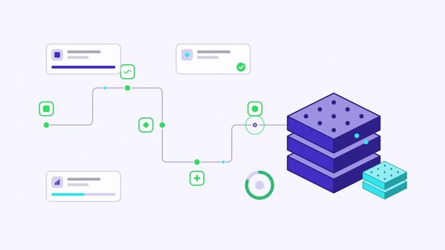 Animated model distillation teacher student visualised as a process chain in a modern flat vector style. Smooth looping 4K motion graphic with soft blue and azure colours, floating interface cards and