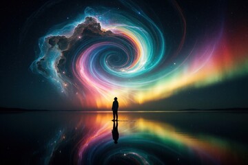 Fototapeta premium Silhouette of lone person stands on calm water surface at night. Huge colorful rainbow swirl aurora lights glow in dark sky. Bright nebula clouds reflect on still lake. Surreal fantasy landscape with