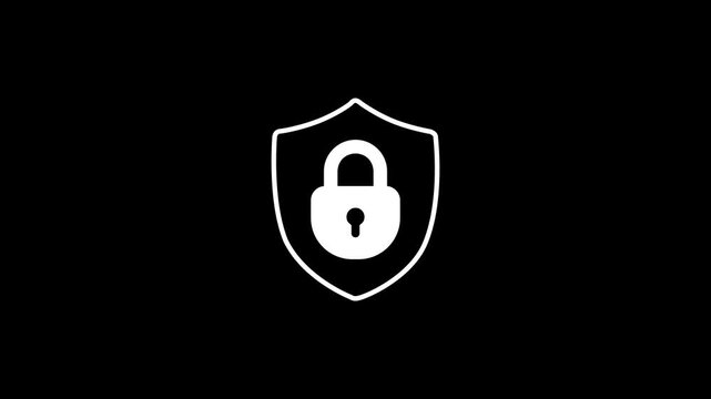 Black and white security shield icon animation with locked padlock. 4K animated perfect for motion graphics, security, business, and overlays Cyber. 