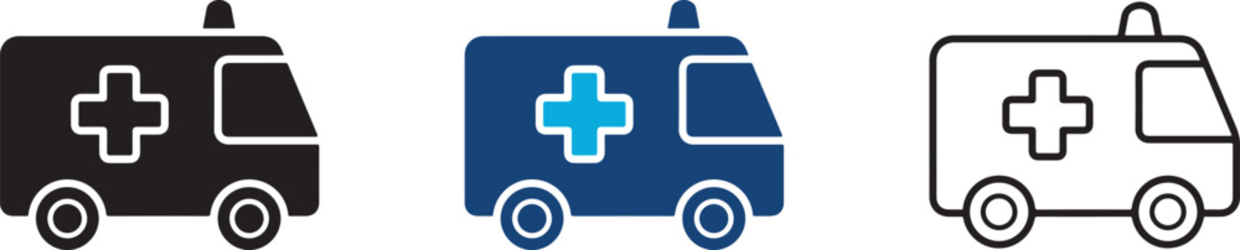 Three professional ambulance icons representing urgent medical transport and healthcare assistance on white background.