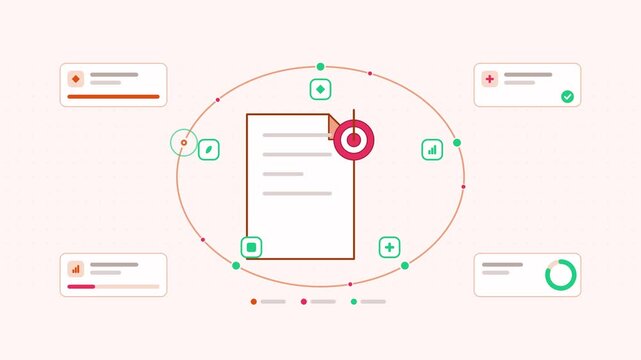 Animated sustainability linked loan target visualised as a loop cycle in a modern flat vector style. Smooth looping 4K motion graphic with soft warm red and coral colours, floating interface cards and