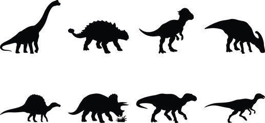 Prehistoric Dinosaur Silhouette Collection Featuring Herbivores Carnivores and Extinct Reptiles © Mamunur