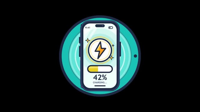 Flat cartoon wireless charging animation with a smartphone and a filling battery bar. Full HD 60 fps, seamless 15 s loop, transparent background