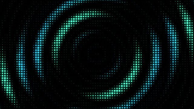 Teal halftone spiral background, digital pixel vortex motion graphic, neon glowing dots forming a circular tunnel, futuristic tech backdrop