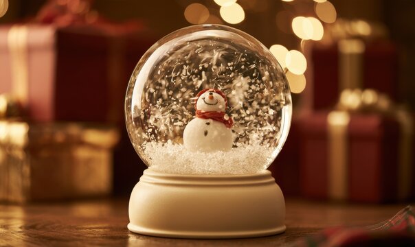 Holiday snow globe with snowman surrounded by falling snow