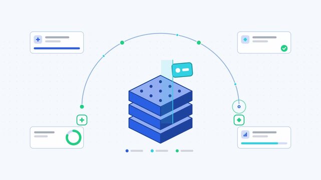 Seamless 4K looping animation showing a model watermarking embed verify presented as a two way exchange. Flat vector icons, UI cards and animated connector lines move across a clean light background i