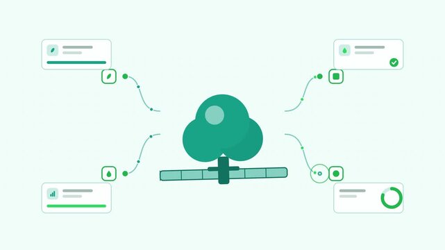 Animated urban tree canopy planting sites visualised as a process flow in a modern flat vector style. Smooth looping 4K motion graphic with soft teal and turquoise colours, floating interface cards an