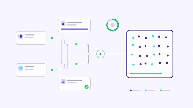 Seamless 4K looping animation showing a differential privacy noise statistics presented as a node network. Flat vector icons, UI cards and animated connector lines move across a clean light background