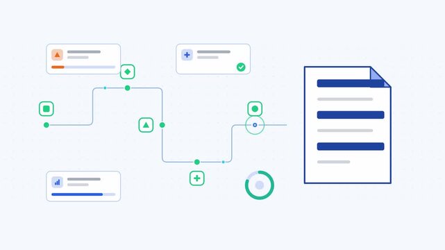 Animated data anonymization field masking visualised as a process chain in a modern flat vector style. Smooth looping 4K motion graphic with soft blue and azure colours, floating interface cards and f