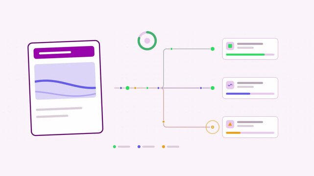 Seamless 4K looping animation showing a catastrophe bond payout maturity presented as a split flow. Flat vector icons, UI cards and animated connector lines move across a clean light background in pur