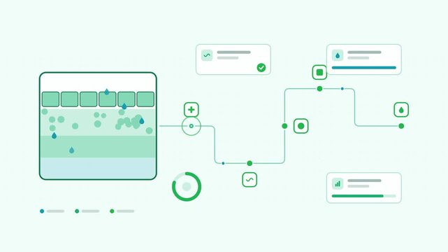 Animated permeable pavement water infiltration layers visualised as a process flow in a modern flat vector style. Smooth looping 4K motion graphic with soft fresh green colours, floating interface car