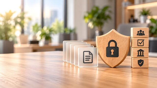 Wooden Security Shield And Conceptual Blocks For Corporate Compliance Data Privacy And Trusted Business Governance
