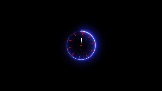 Glowing neon Clock animation. circle analog watch icon. Reverse clock animation showing time running. abstract analog clock animation background. 