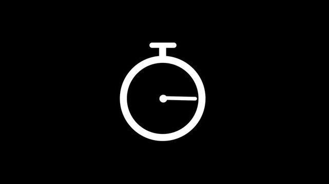 Minimalist white stopwatch icon silhouette on a solid black background representing time management concepts.  stopwatch icon design template.symbolizing time management.4k 