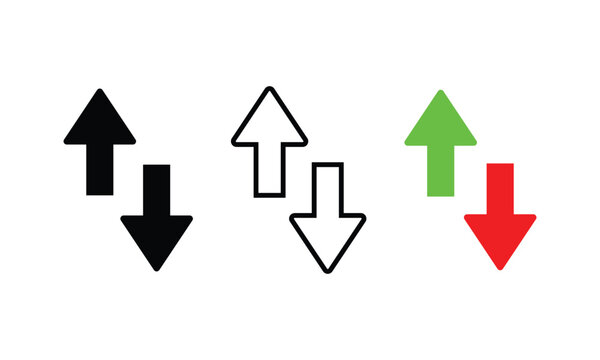 Up and Down Arrow Icon Set with Solid and Outline Direction Symbols for Navigation, Movement, Growth and Interface Design
