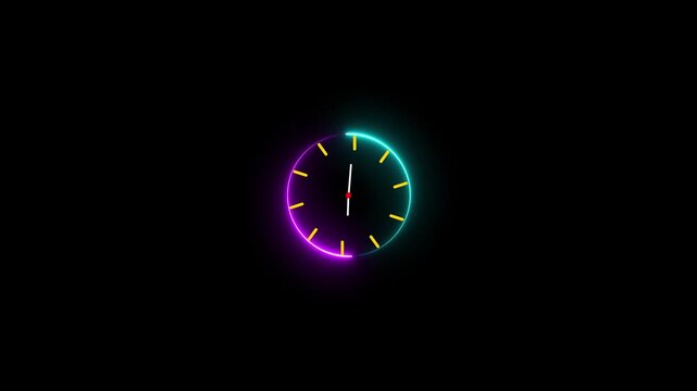 Glowing neon Clock animation. circle analog watch icon. Reverse clock animation showing time running. abstract analog clock animation background. 