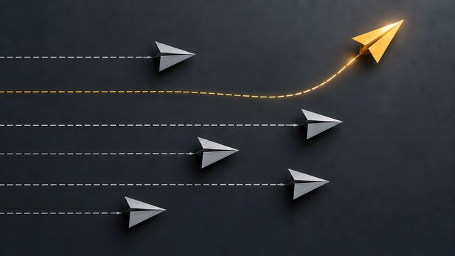 Glowing golden paper airplane carving a new strategic trajectory against standard grey planes representing paradigm shift disruptive innovation and unique corporate direction