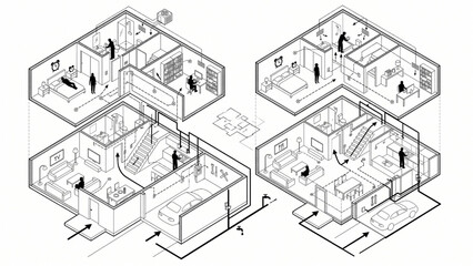 Fototapeta premium Hybrid Residential Floor Plan and Isometric Home System with Human Activities and Utility Infrastructure