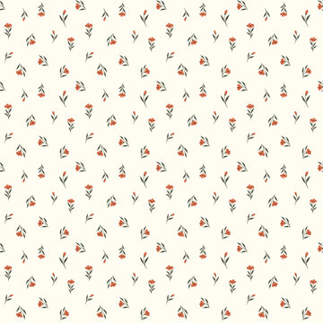 Warm Terracotta Cream Dainty Floral Seamless Pattern for Vintage Autumn Baby Fabric, Nursery Wallpaper and Packaging