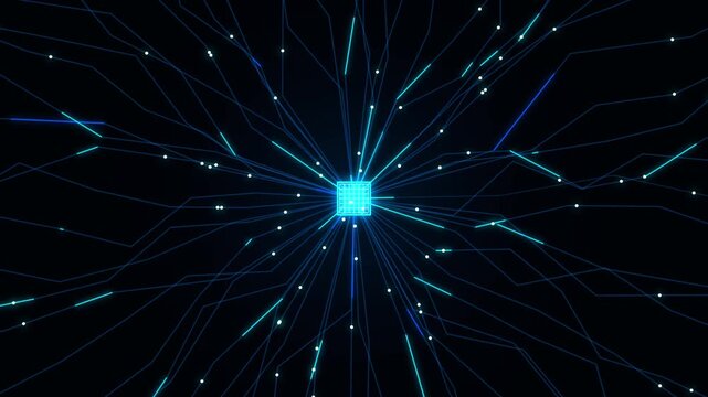 Cybernetic neural network with glowing central node, abstract blue technology background, digital data transmission lines for high-tech concepts
