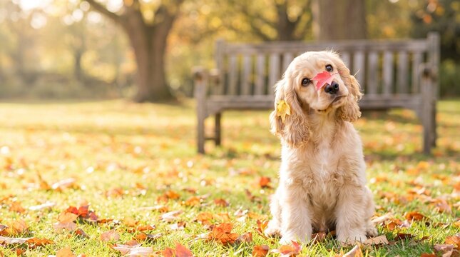 Cute English Cocker Spaniel puppy sitting on autumn grass with a red maple leaf balancing on its nose