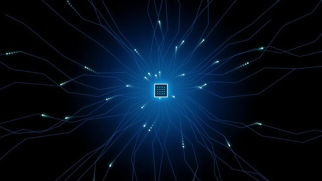 Futuristic CPU microchip with glowing blue data trails, digital processor radiating light pulses, high-tech neural network animation for AI concepts