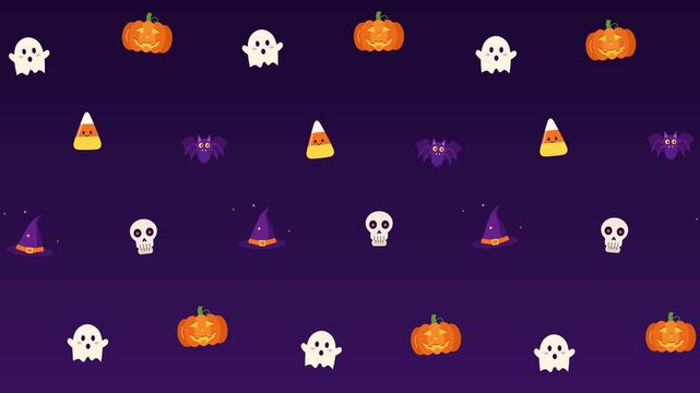 Halloween icon pattern scrolling with pumpkins, ghosts, bats and candy corn, looping cartoon background