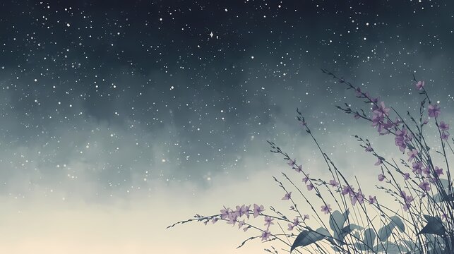 星空と紫の花が揺れる和風墨絵