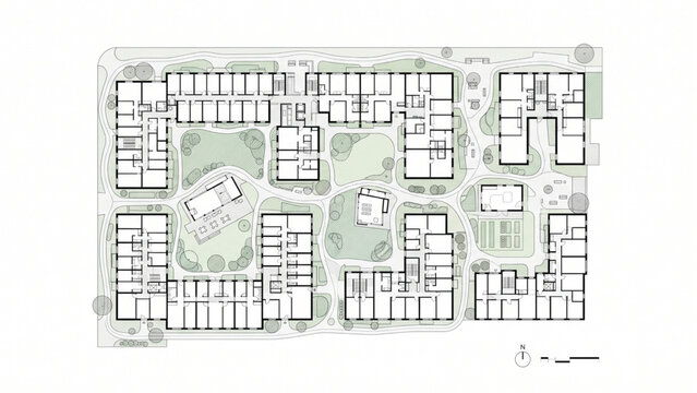 Aerial Residential Community Masterplan with Courtyard Gardens Pedestrian Network and Shared Facilities