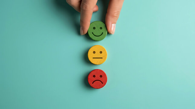 Customer satisfaction feedback concept with smiley face blocks on a teal surface