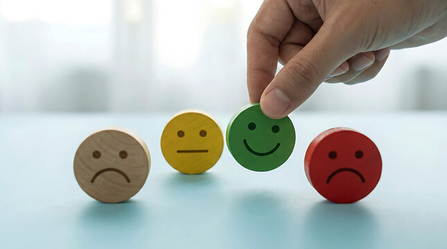 Customer satisfaction feedback concept with wooden emotion faces on blue table